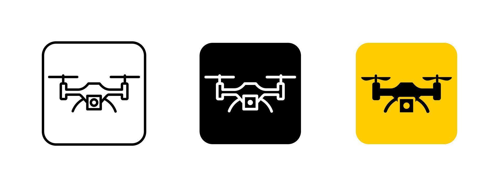 Drone icon. Quadcopter with camera illustration. Aerial photography and surveillance symbol. Modern UAV technology sign. Remote-controlled flying device for filming, monitoring and innovation. vector