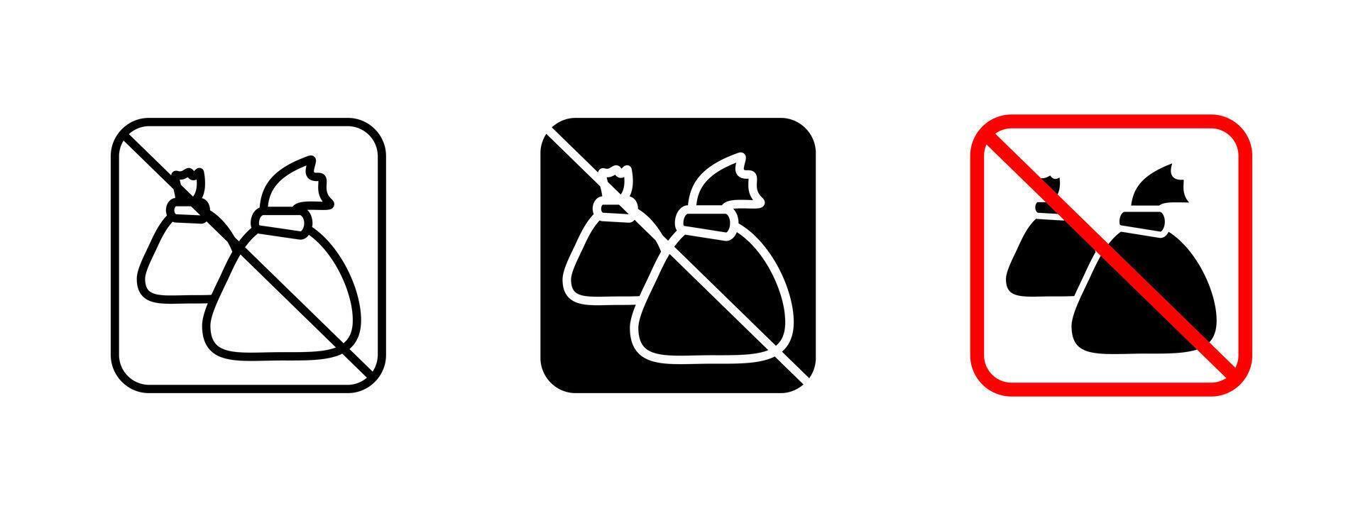No littering icon. Prohibited waste disposal sign with trash bags. Environmental protection and cleanliness warning label. Urban waste management and pollution prevention symbol. vector