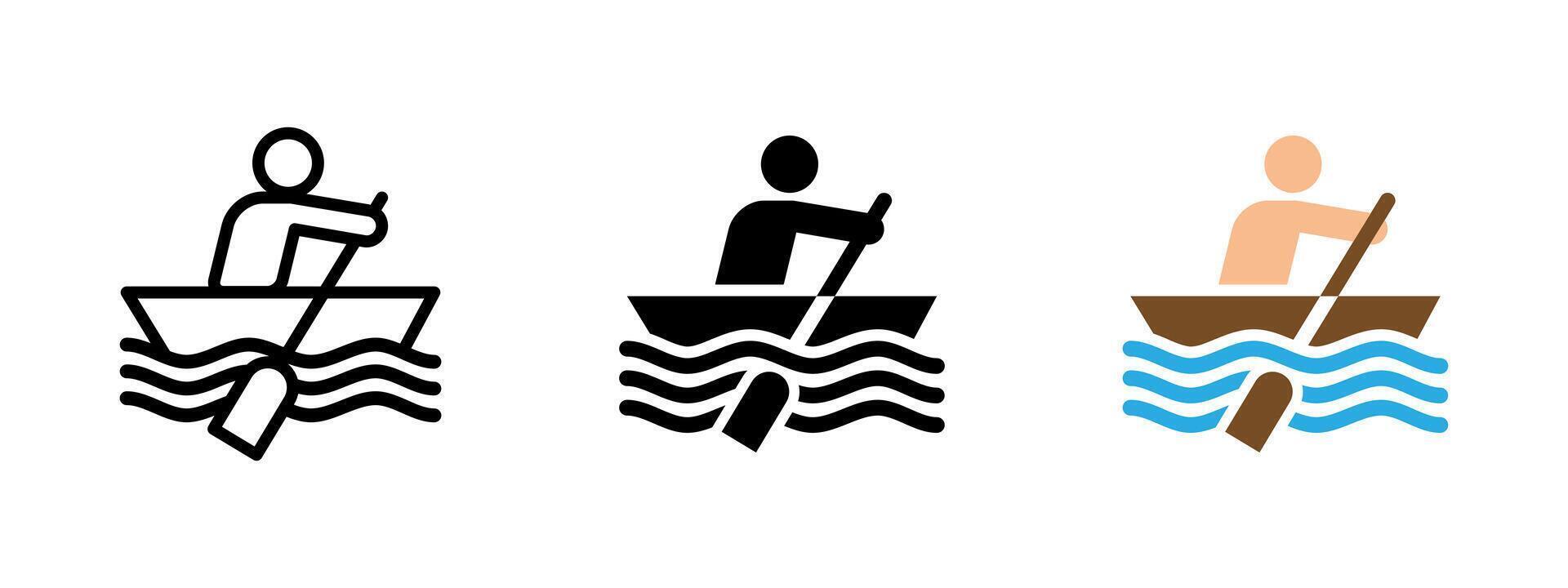 Rowing icon. Person paddling a boat illustration. Recreational water activity sign for fitness and adventure. Symbol for outdoor sports, river travel and active leisure on lakes or open waters. vector