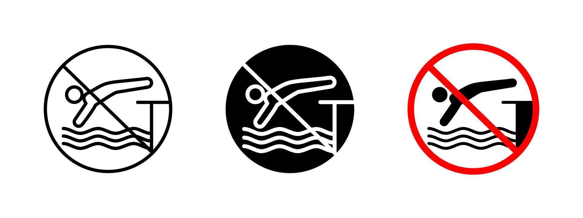 No diving icon. Water safety illustration. Prohibited action sign for swimming pools and water bodies. Warning symbol to prevent accidents with safety regulations in aquatic areas. vector