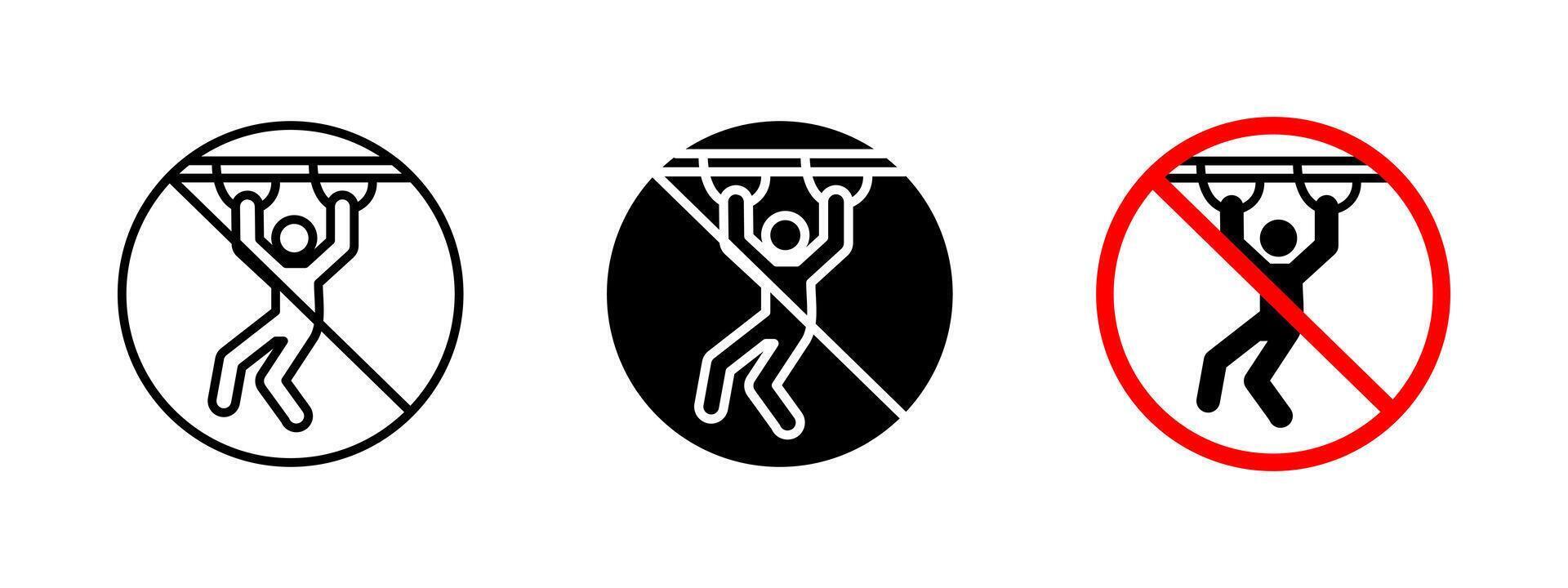 No hanging on bars icon. Prohibited activity illustration. Restriction sign for public safety and prevention of accidents. Warning symbol to discourage unsafe behavior in urban and public. vector