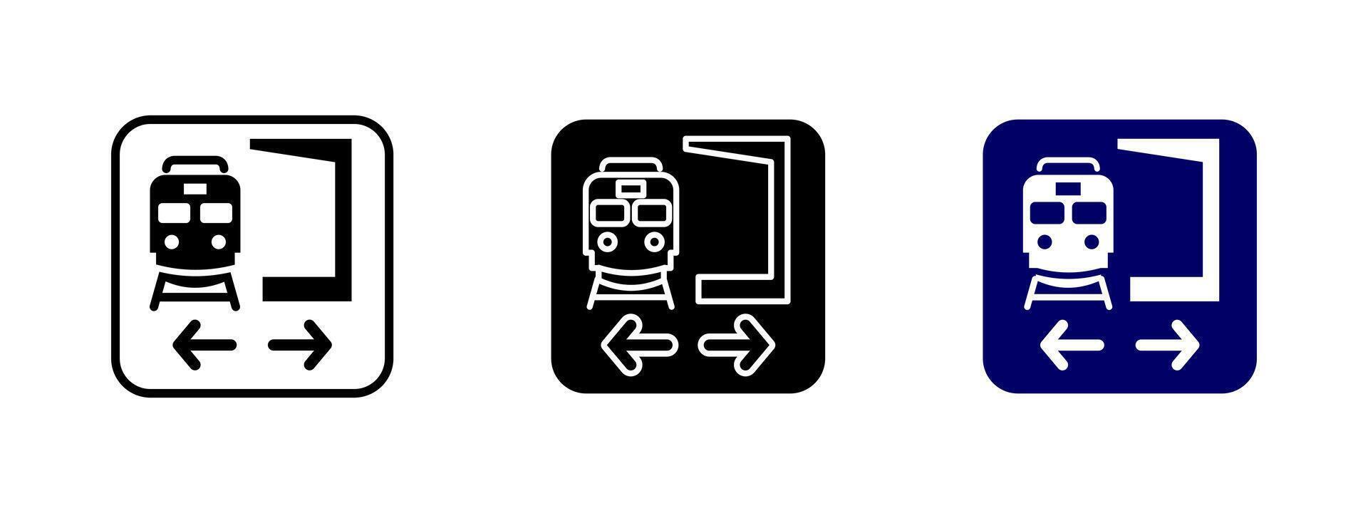 Train station platform icon. Railway transit illustration. Symbol indicating metro or subway access with directional guidance. Public transportation sign for rail travel navigation. vector