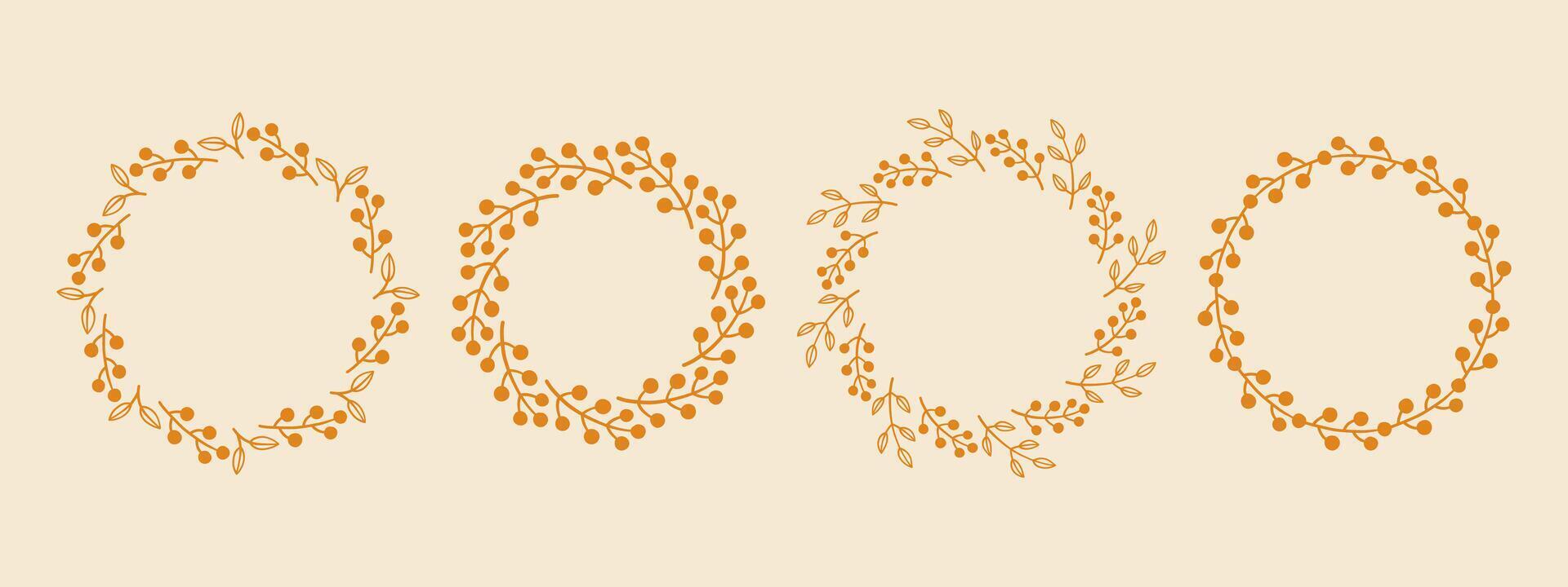 Simple flower circle frame set. Hand drawn yellow round line border, leaves and flowers, wedding invitation and cards, logo design and posters template. Elegant minimal style floral isolated set vector