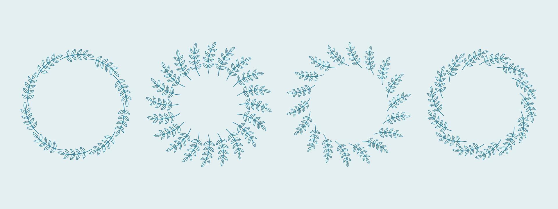 Blue flower circle frame set. Hand drawn blue round line border, leaves and flowers, wedding invitation and cards, logo design and posters template. Elegant minimal style floral isolated set vector