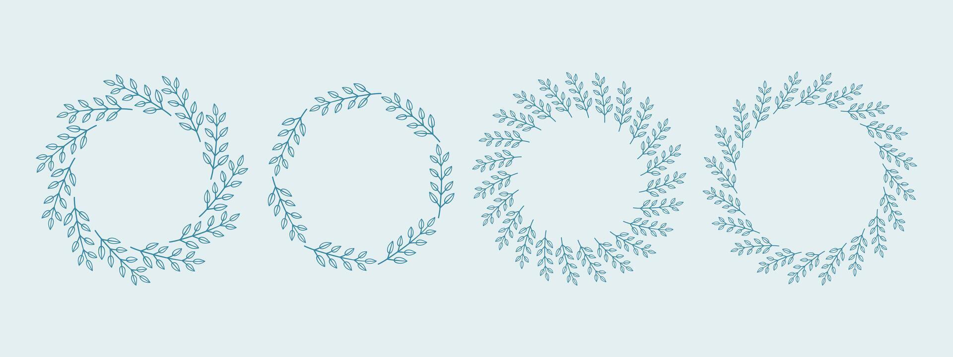 Simple blue flower circle frame set. Hand drawn blue round line border, leaves and flowers, wedding invitation and cards, logo design and posters template. Elegant minimal style floral isolated set vector
