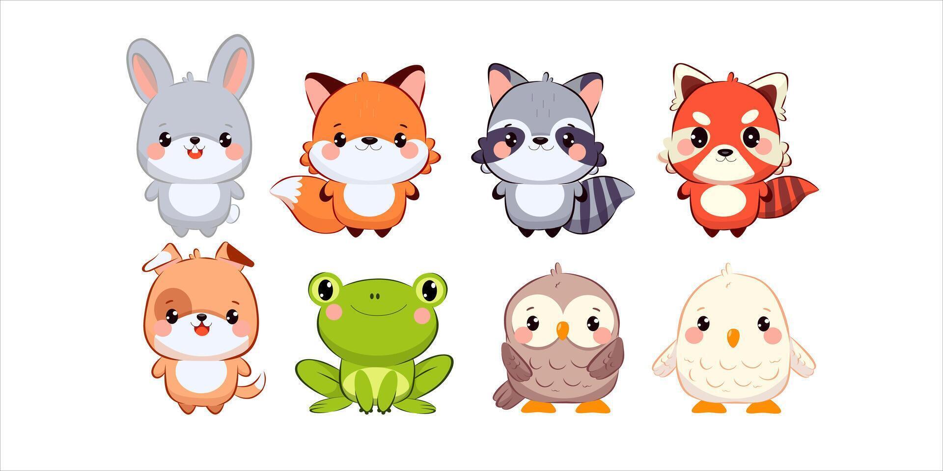 A delightful array of cartoon-style animal characters is displayed in vibrant colors. Each character exhibits unique features, creating an engaging visual ideal for childrens books or merchandise. vector