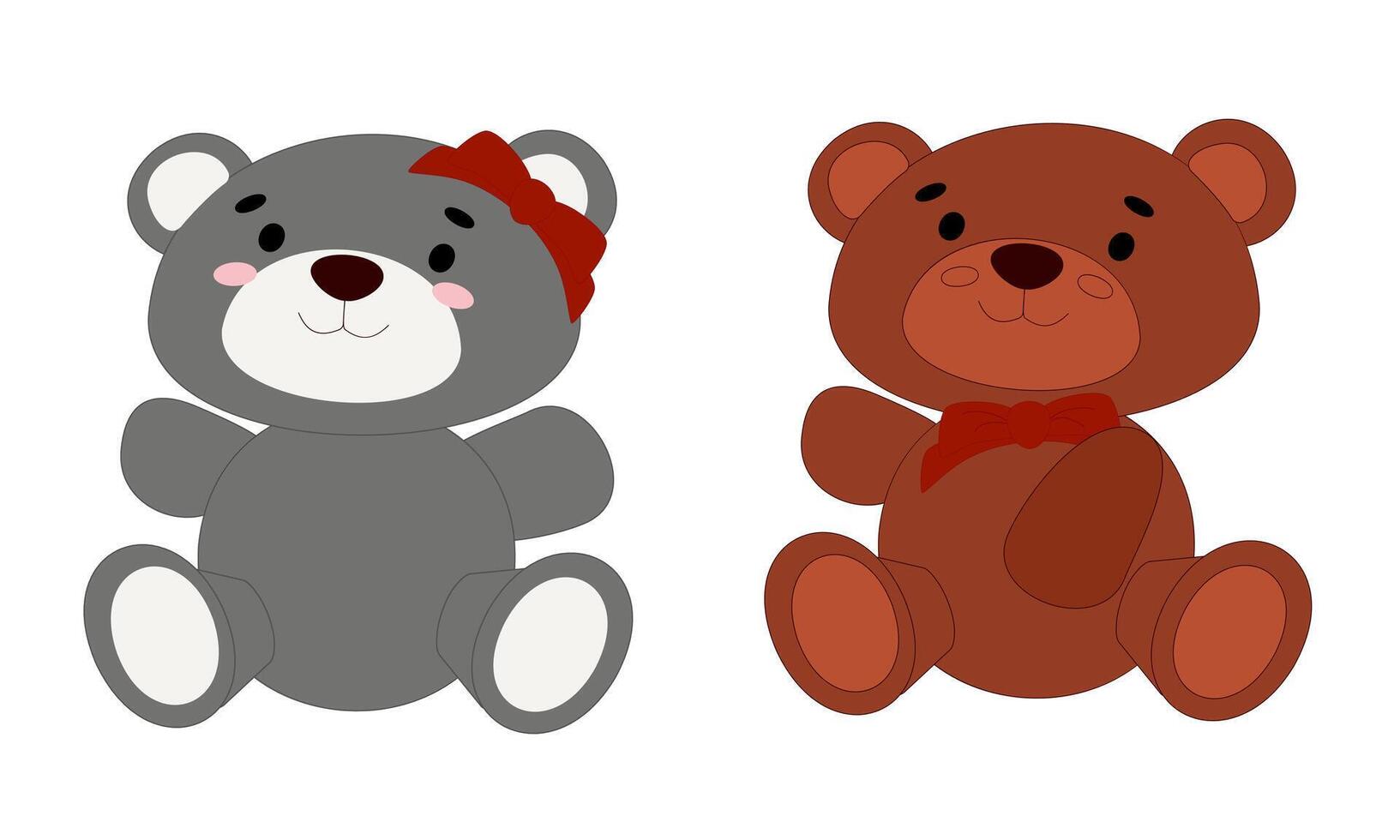 Two plush teddy bears, gray and brown, with red bows on a white background. Cute stuffed animal toy illustration for kids' design, textile, wallpaper, wrapping paper, and print. vector