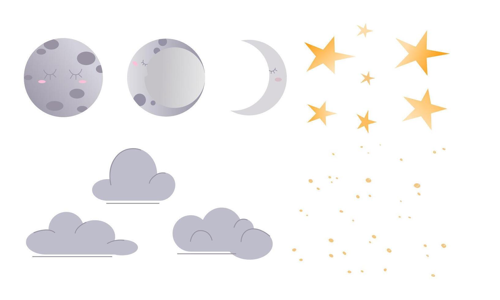 Set of phases of moons, stars and clouds on white background. Night sky. illustration of starry sky with different moon shapes in pastel colors in cartoon style. vector