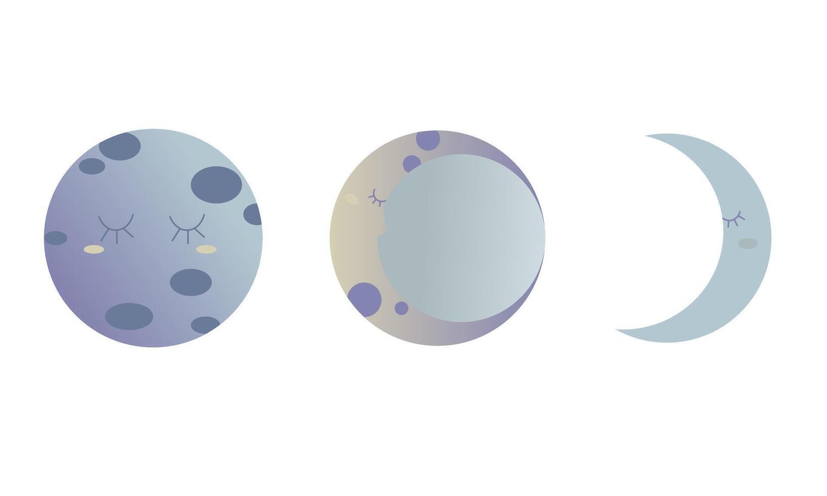 Set of moon phases on white background. Night sky. illustration of starry sky with different moon shapes in pastel colors in cartoon style. vector