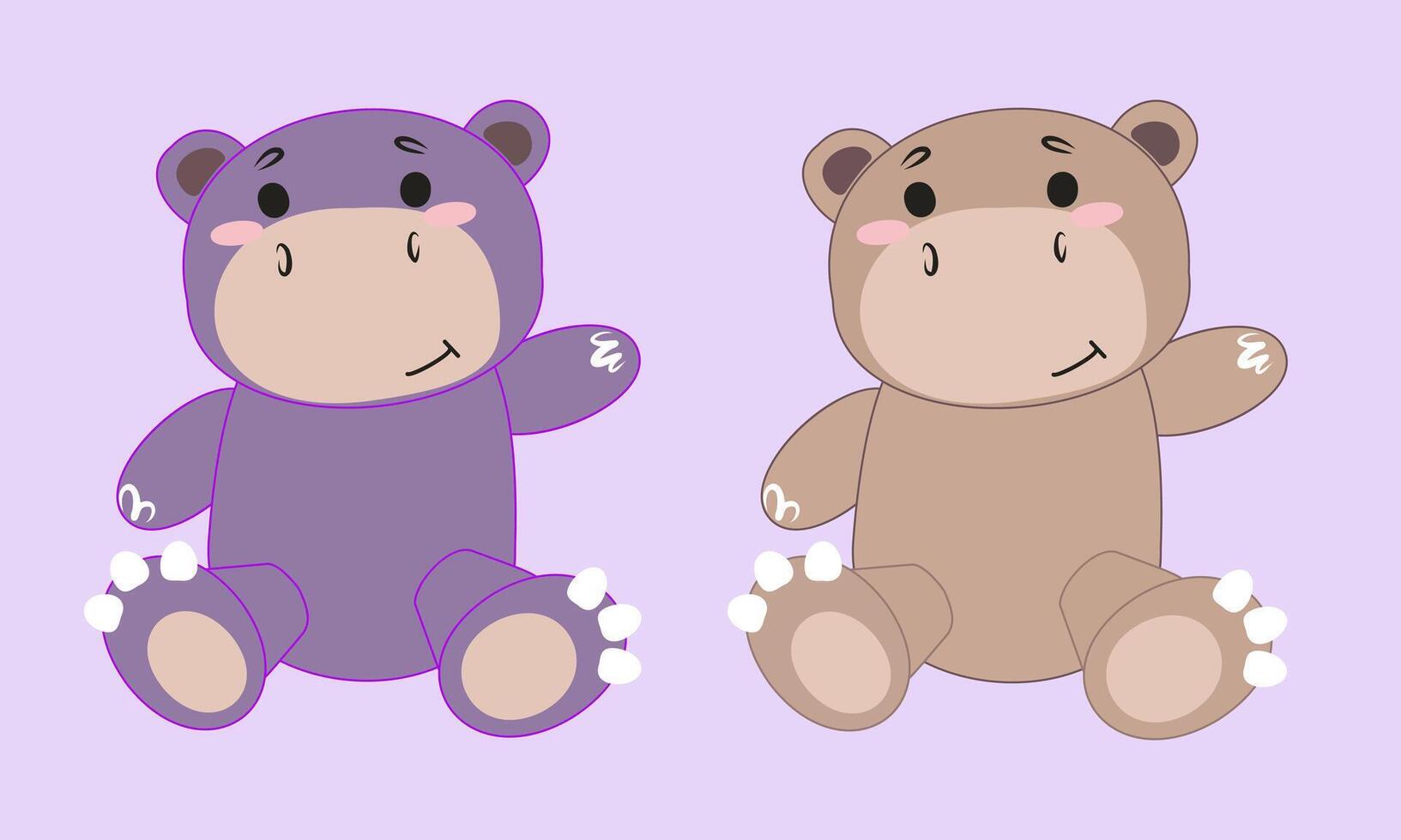 Two plush hippopotamuses, gray and purple, on a light purple background. Cute stuffed animal toy illustration for kids' design, textile, wallpaper, wrapping paper, and print vector
