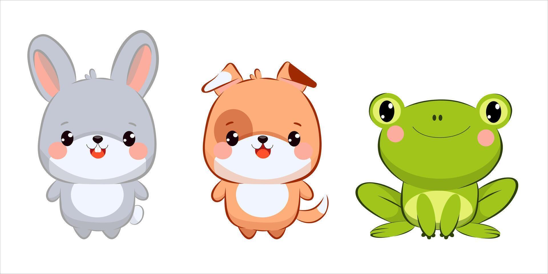 Three adorable cartoon animals are showcased together a bunny, a playful orange puppy, and a bright green frog. Each character displays a cheerful expression, enhancing their charm. vector