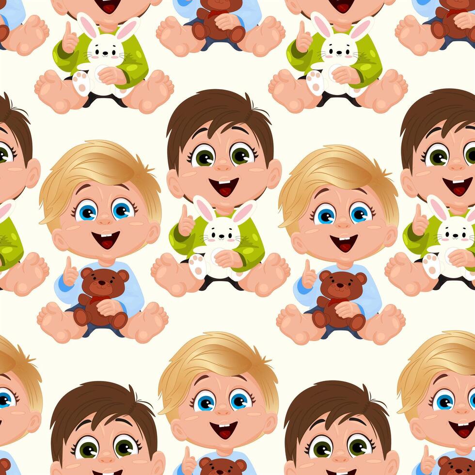 Seamless pattern with toddler boys, blond and brunette, holding teddy bear and penguin toys. Cute baby character design for textile, wallpaper, wrapping paper, and kids print. vector