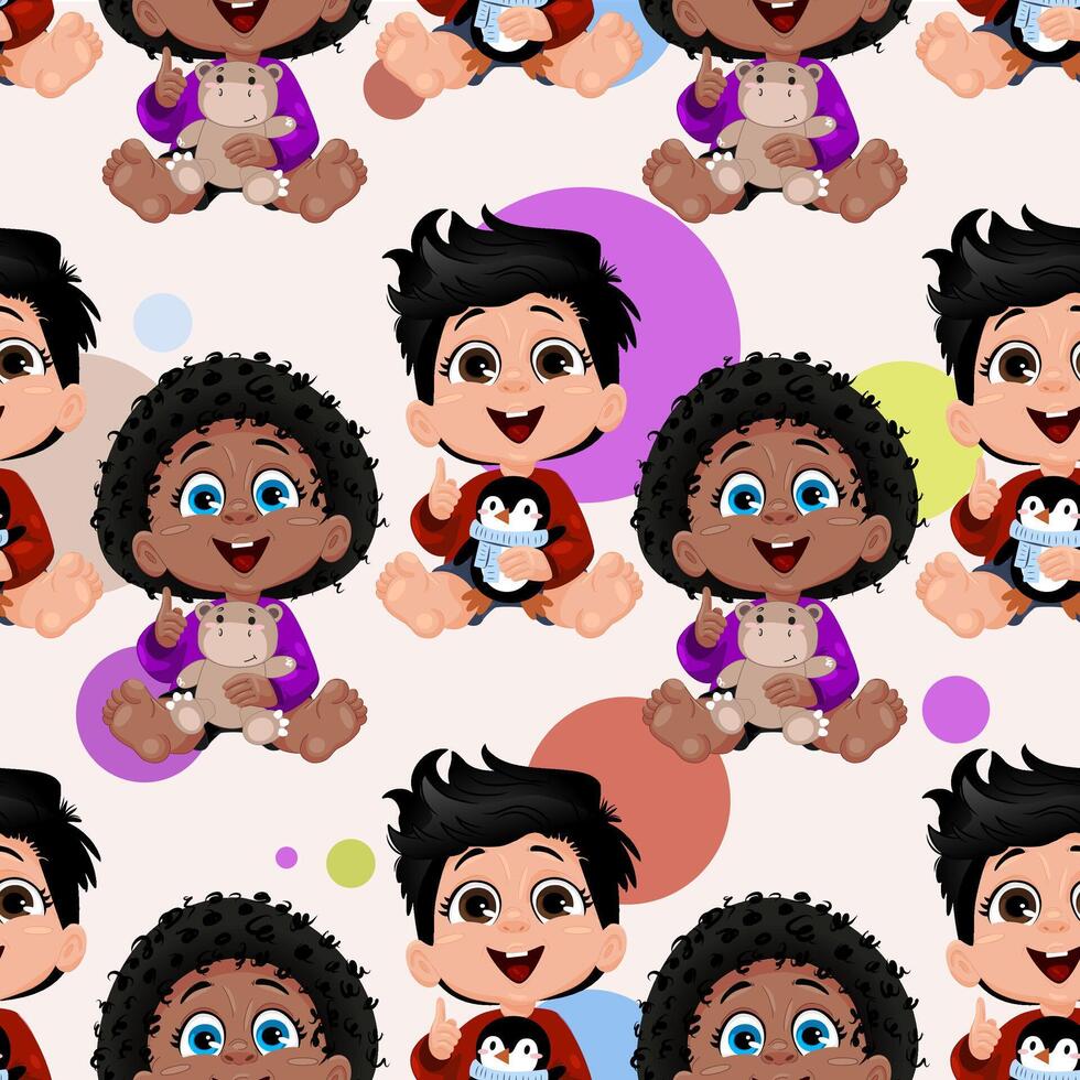 Two animated children with different hairstyles are happily sitting on a light background filled with colorful circles. A teddy bear and the other a toy penguin. Seamless repeating template. vector