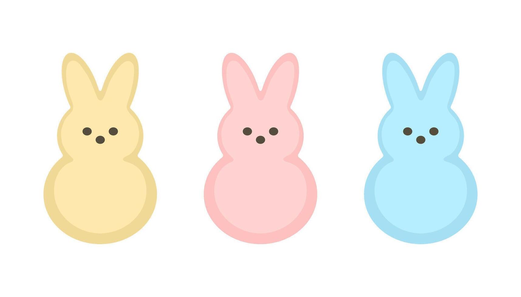 Marshmallow peeps, Easter bunnies different colors set. Small cute colorful rabbit candy. Collection sweet confectionery. flat illustration vector