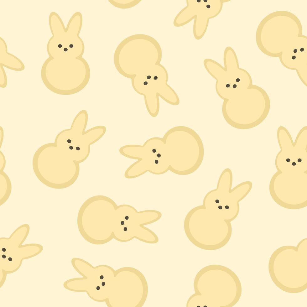 Marshmallow peeps pattern, Easter bunnies seamless background. Small cute yellow rabbit candy. Collection sweet confectionery illustration vector