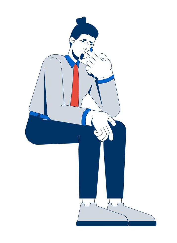 Sad businessman sitting slumped, wiping away tear 2D cartoon character. Corporate crying. Stressed male professional with tearful face flat person isolated on white. Spot illustration colorful vector