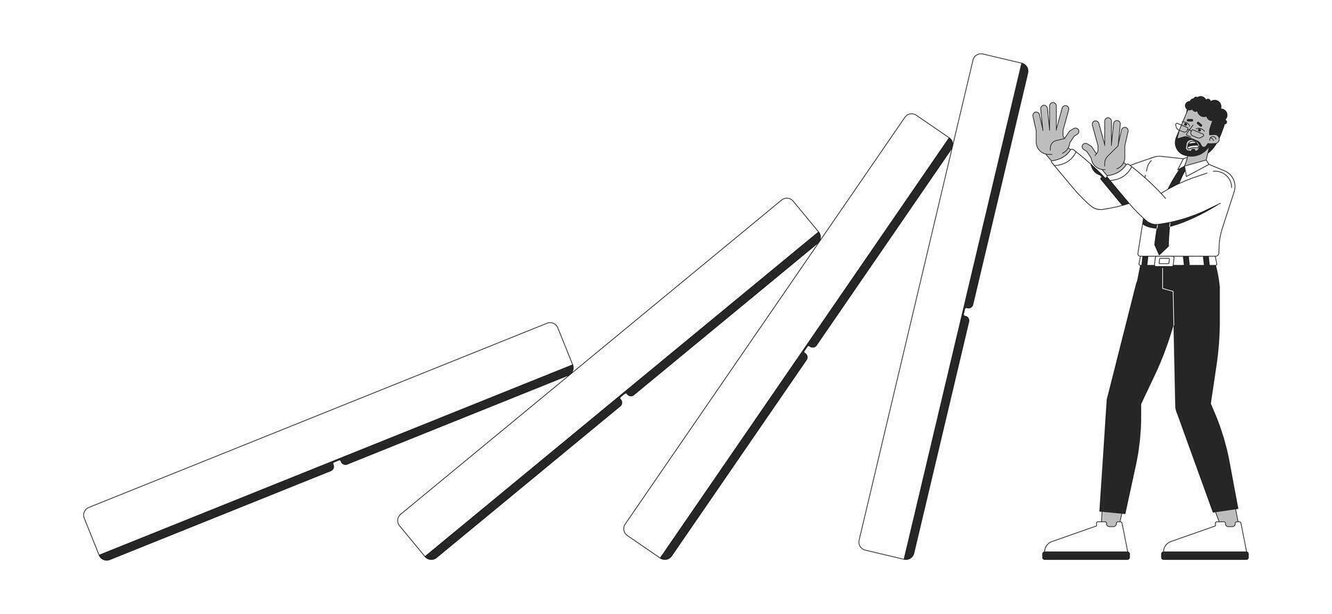 Economic troubles line illustration concept. Domino chain reaction collapse. Businessman trying to stop falling dominoes from toppling outline 2D character isolated. Ink linear drawing art vector