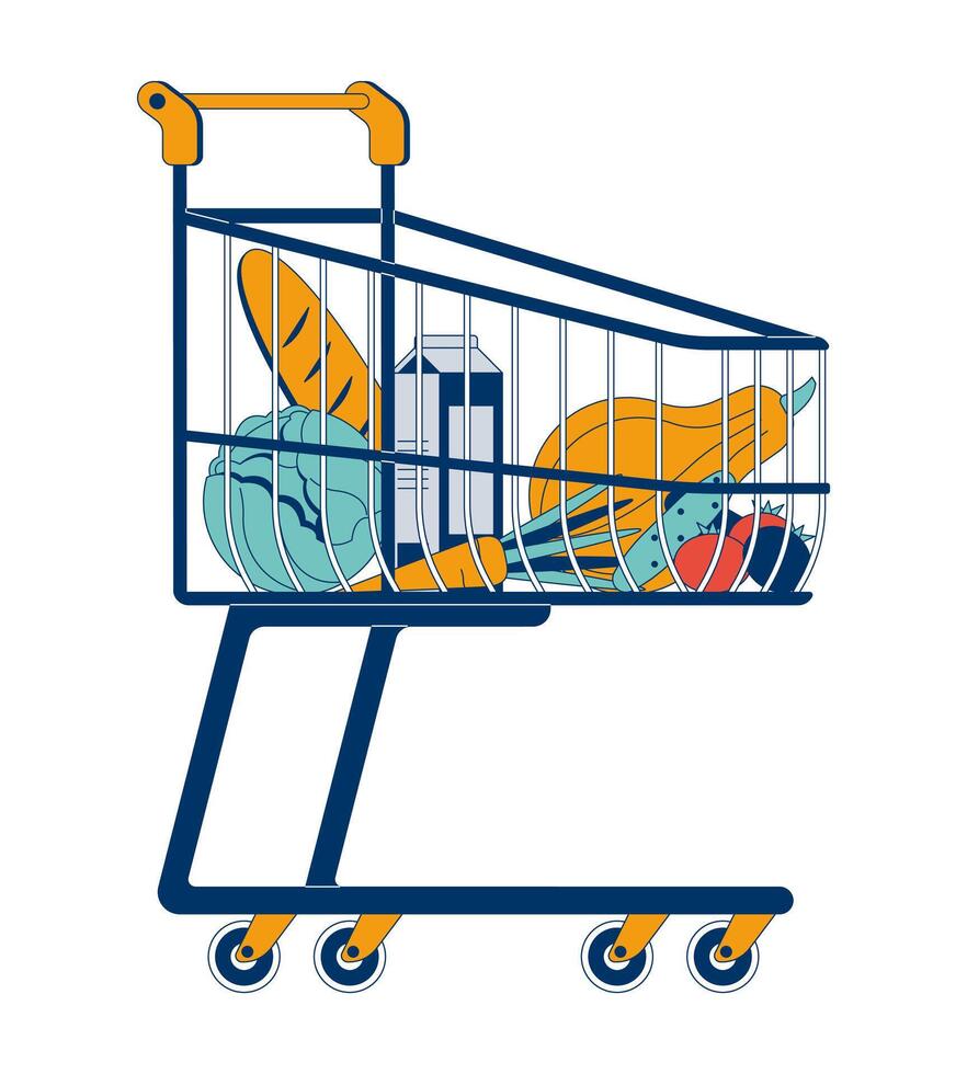 Shopping cart filled with groceries 2D cartoon object. Consumer spending. Food cost. Bread, milk, vegetables. Supermarket trolley isolated element flat clip art on white. Spot illustration vector