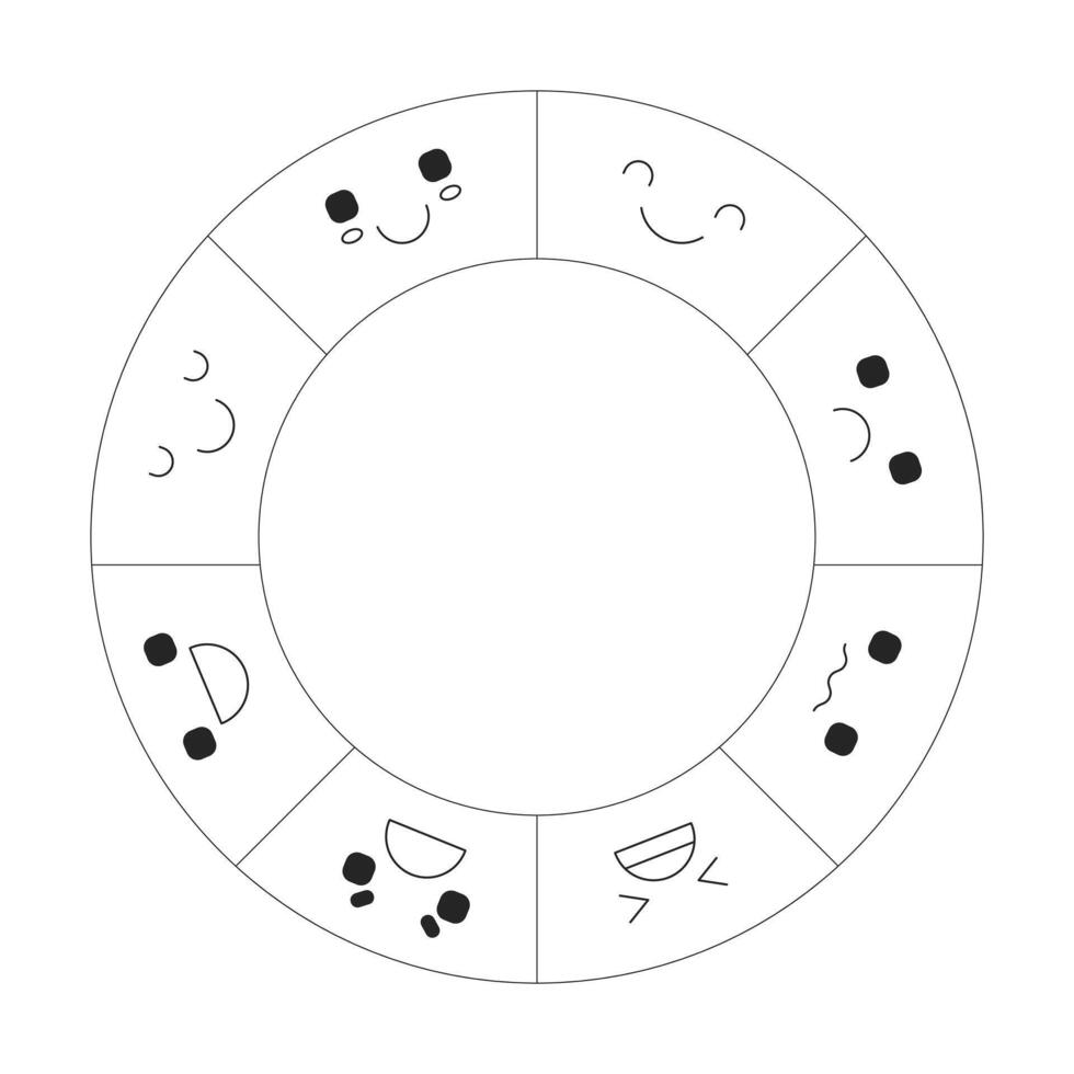 Circular infographic segments different emotions 2D line object. Emotional spectrum. Mood wheel. Mental health. Feelings chart isolated clipart ink outline item. Monochrome spot illustration vector