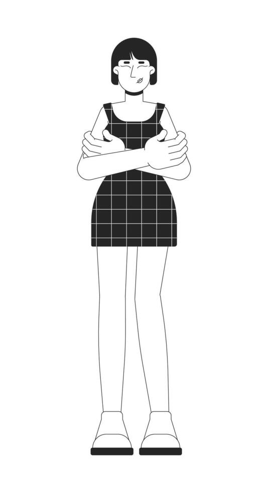 Korean woman hugging herself with proud expression 2D line character. Self-love, empowerment. Asian girl in checkered dress isolated ink outline person. Monochromatic spot illustration vector