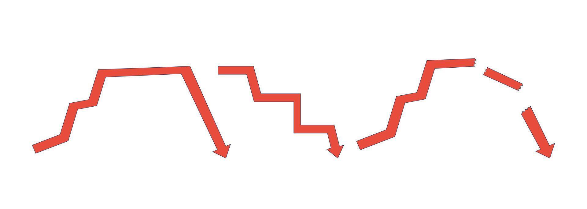 Falling financial arrows jagged downward 2D cartoon objects set. Economic decline, crisis, market volatility. Recession isolated elements flat clip arts on white. Spot illustrations collection vector