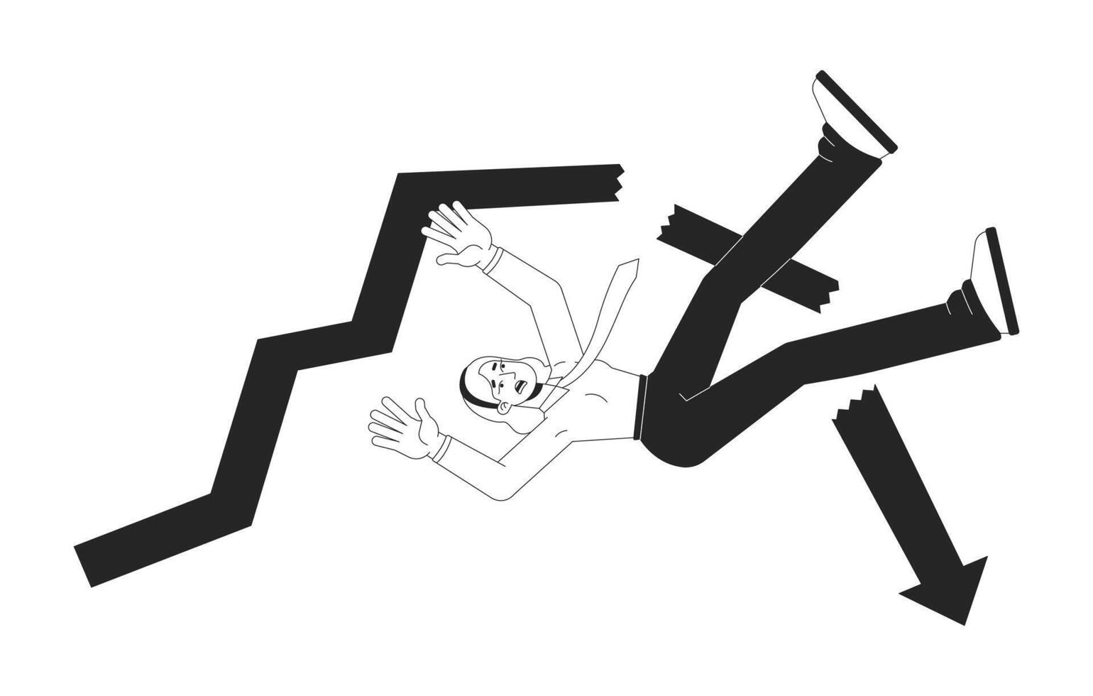 Panicked businesswoman falling with breaking chart arrow line illustration concept. Failure, economic crash. Office worker collapse outline 2D character isolated. Ink linear drawing art vector