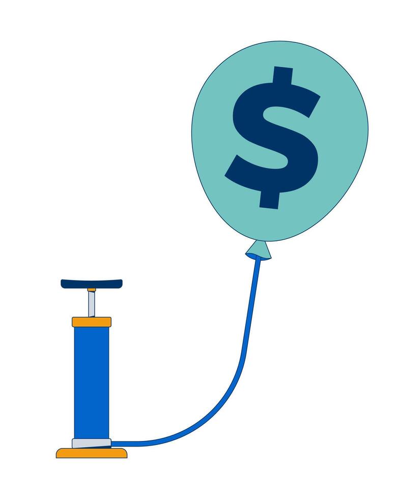 Inflation concept with dollar balloon and pump 2D cartoon object. Rising prices. Financial pressure. Economic stress. Helium baloon isolated element flat clip art on white. Spot illustration vector