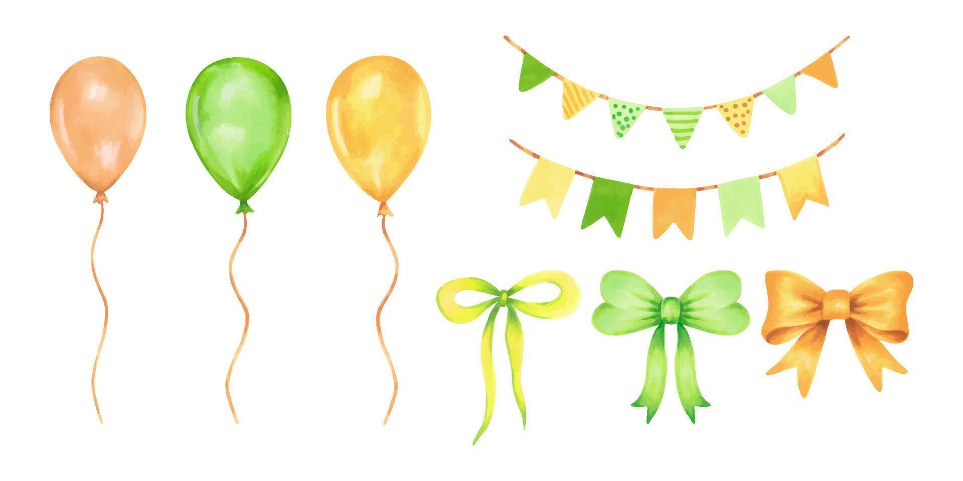 Clipart of st. patricks day decor. Watercolor and marker illustration. Hand drawn isolated art. Green and yellow elements balloons and flags with bow for spring holiday, birthday vector