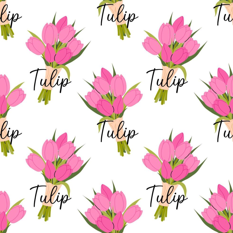 Seamless pattern with pink tulip bouquets on white background. Spring flowers. For textiles, packaging, wallpapers and floral designs. vector