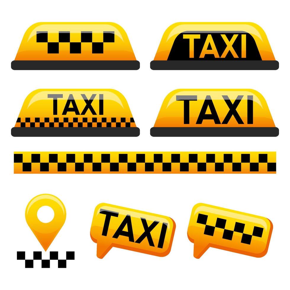 Taxi icons. Set taxi car roof sign. Yellow signs of transport elements. Geotag sign, chat icon. GPS symbol. Map sign. vector