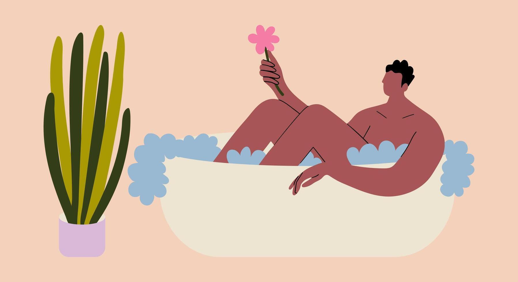 Man takes a bubble bath with a flower in his hand. Cartoon smiling guy relaxing and body care consept. illustration for card, poster, stiker. . vector