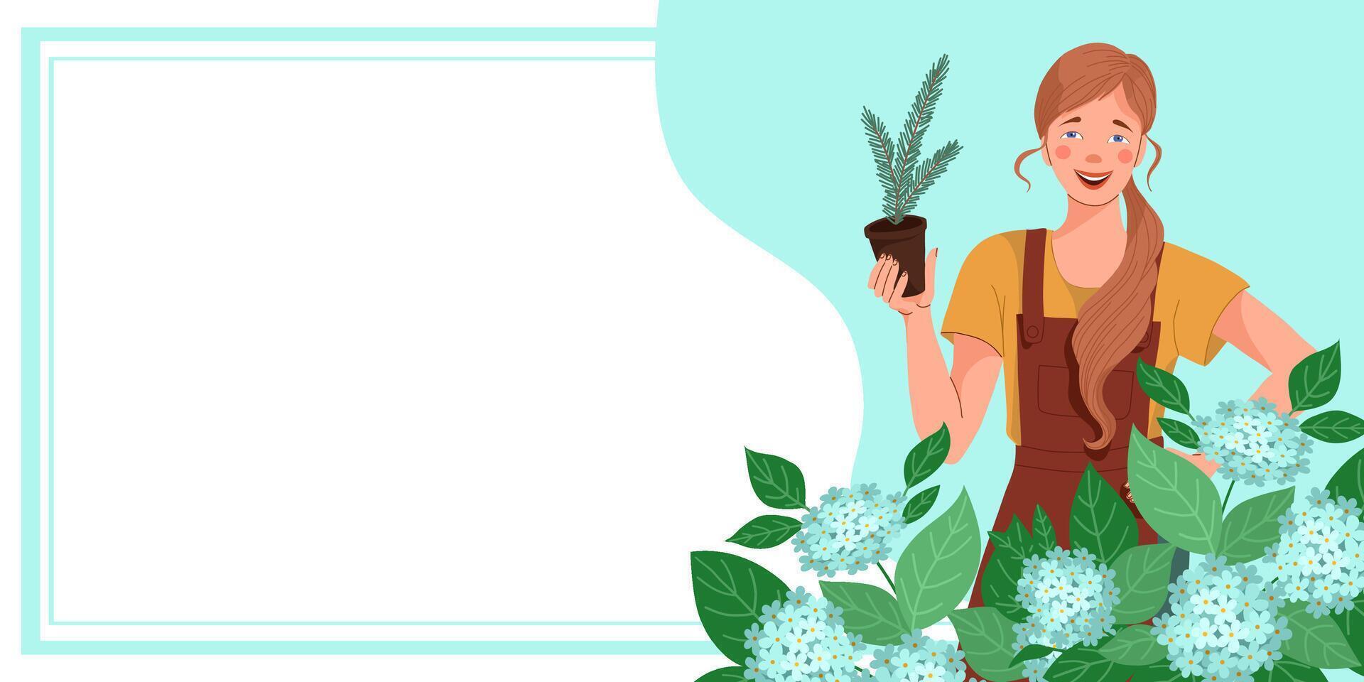 Smiling woman holding a potted sapling vector