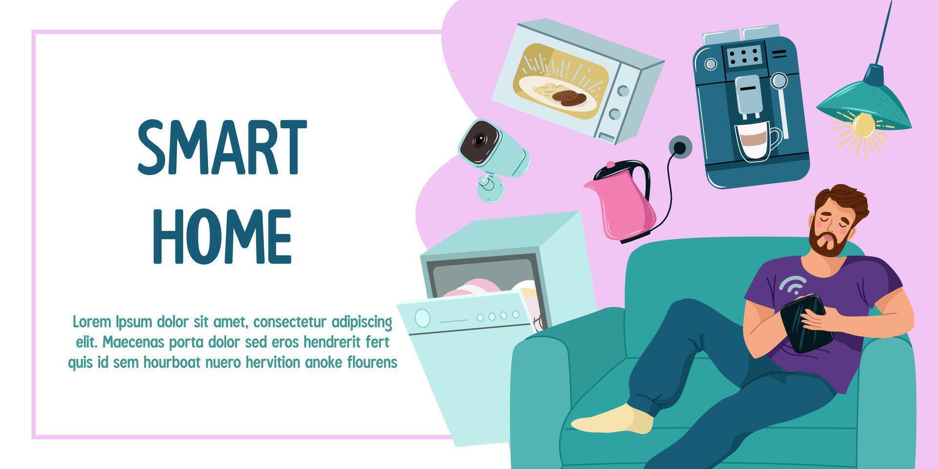 Smart Home Technology with Relaxed Man on Sofa vector