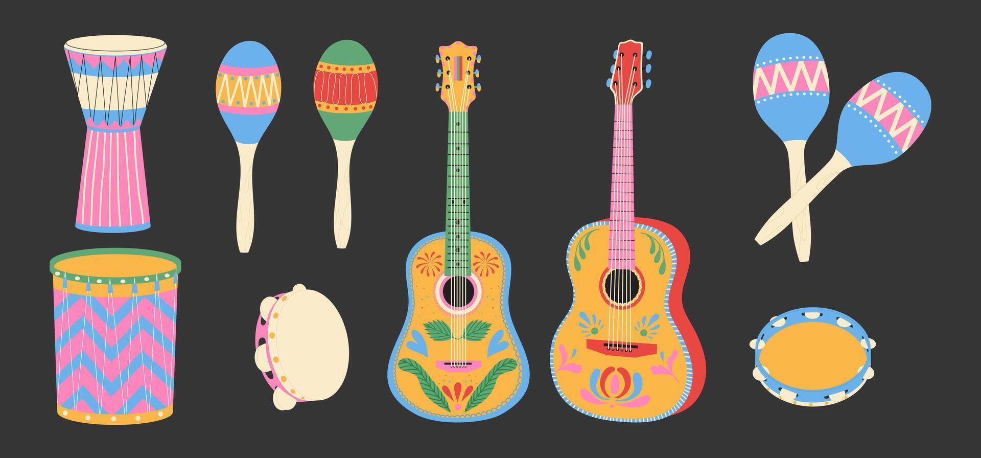 Musical instruments set. Maracas, drums, guitar with pattern. Festive carnival accessory. vector