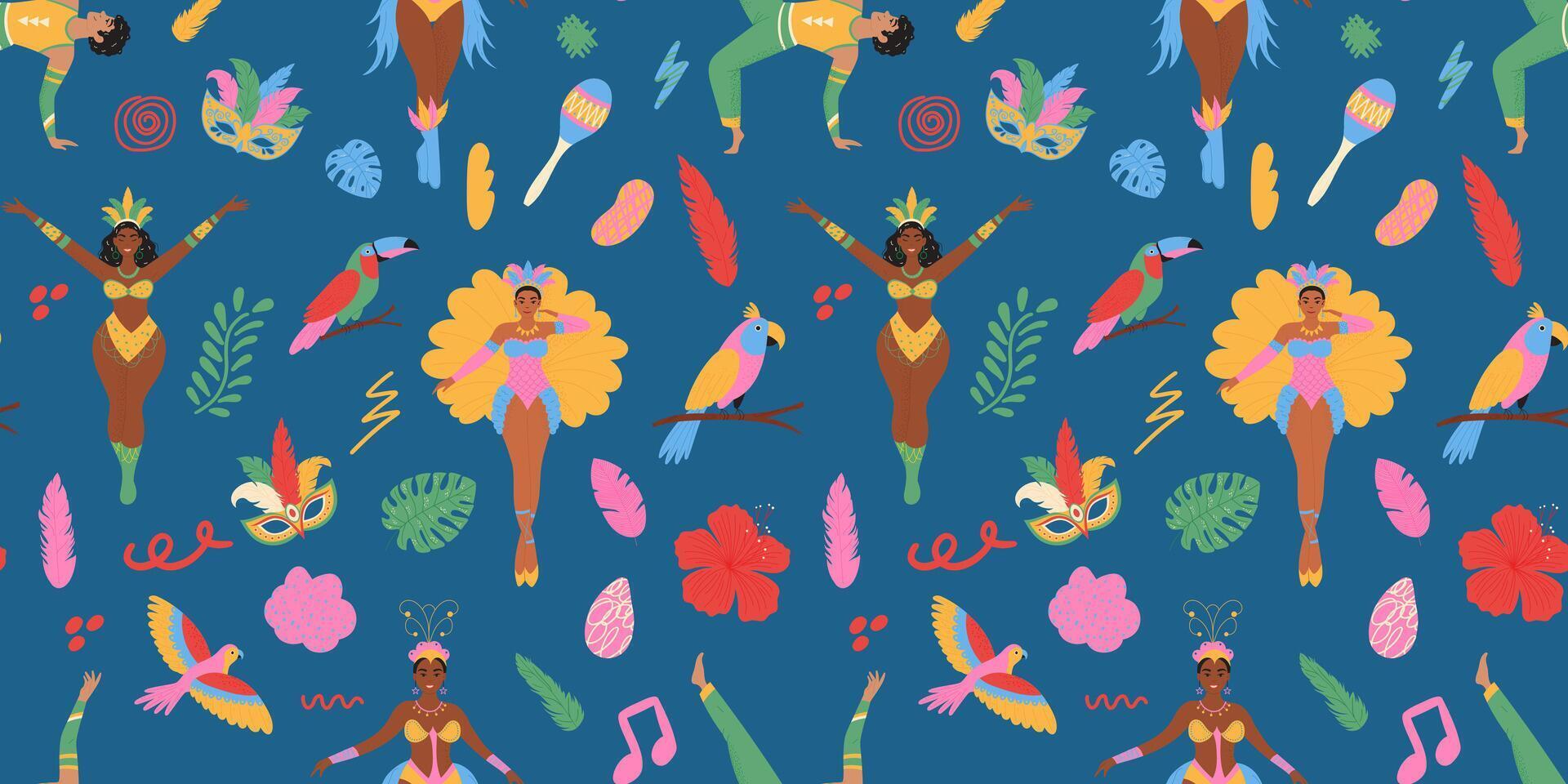 Brazil carnival seamless pattern. Masks, exotic bird, dancing people, flowers. Modern illustration vector