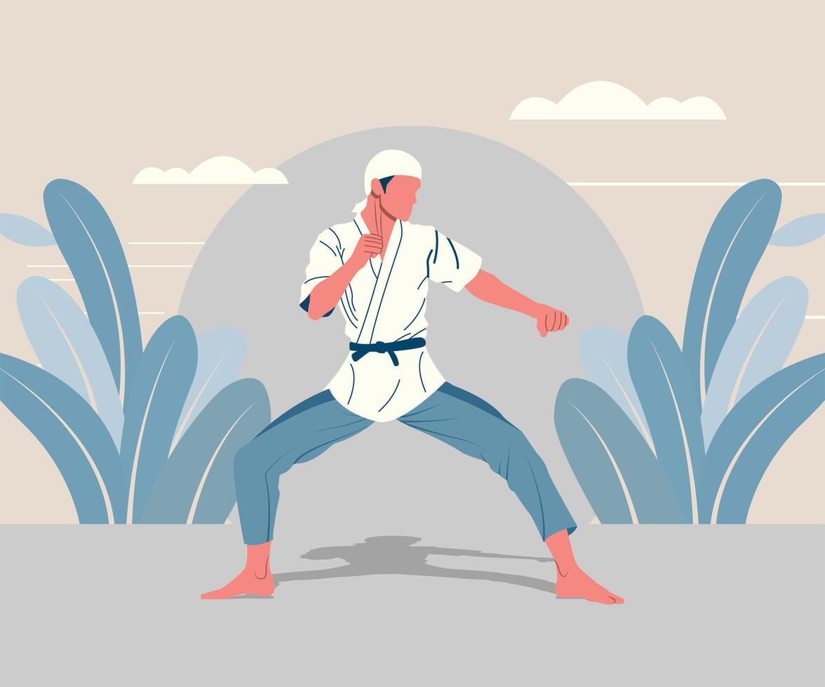Karate practitioner in action, performing a punch in a training session. vector