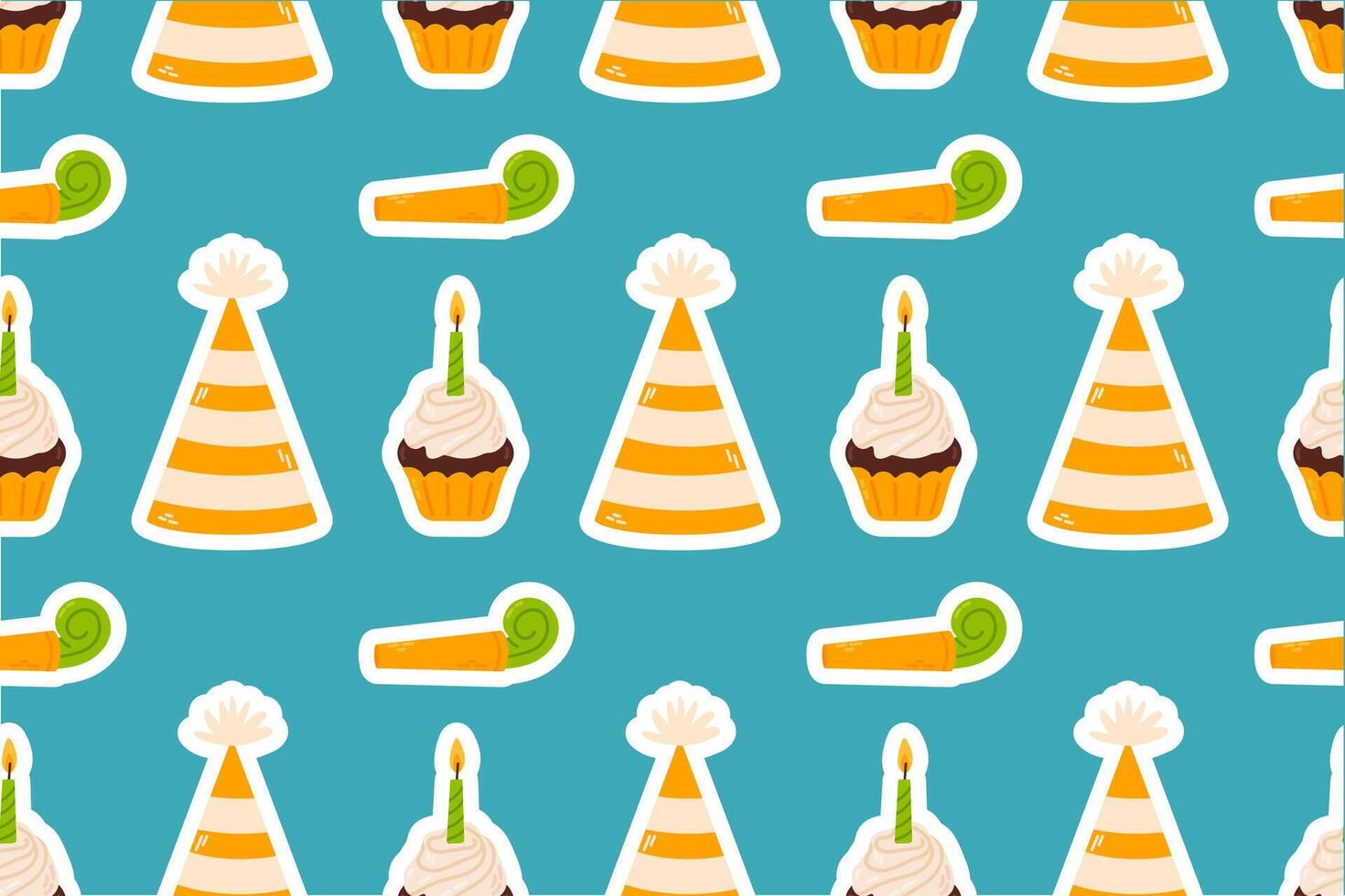 A seamless pattern with party hats, cupcakes, candles, and party blowers on a bright blue background. Ideal for invitations, decor, and digital scrapbooking. vector