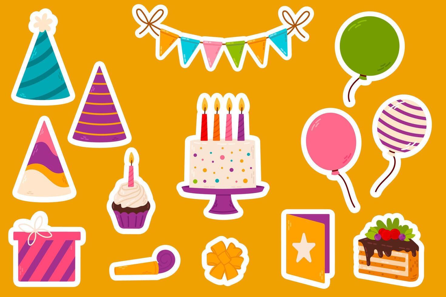 A collection of fun and colorful birthday-themed stickers, including cakes, balloons, gifts, party hats, and decorations. Perfect for invitations, scrapbooking, and festive designs. vector