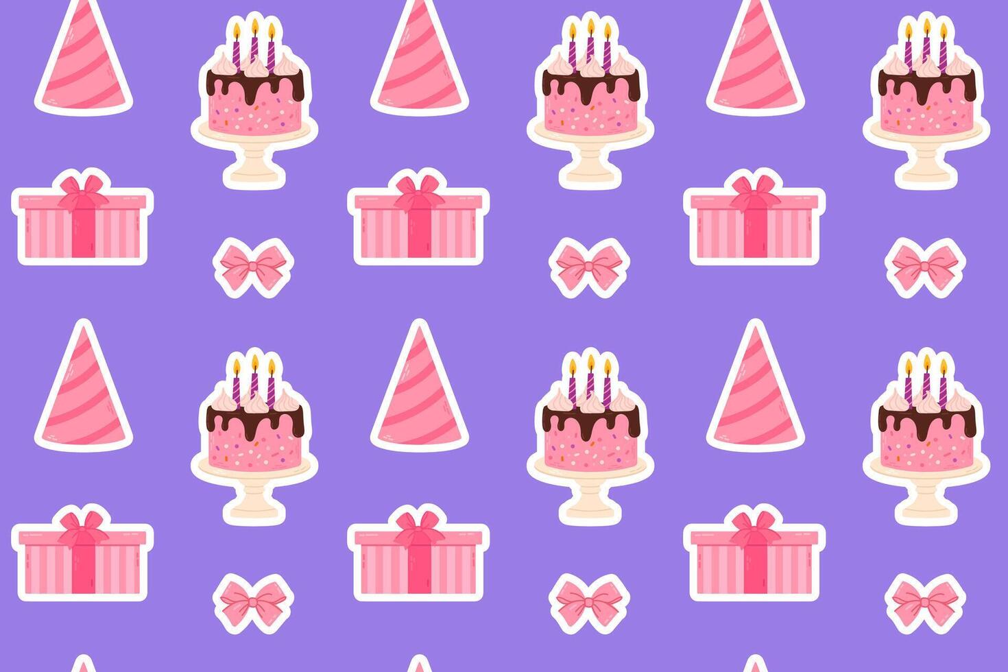 A playful seamless pattern with birthday cakes, presents, bows, and party hats on a purple background. Ideal for gift wrapping, greeting cards, and party designs. vector