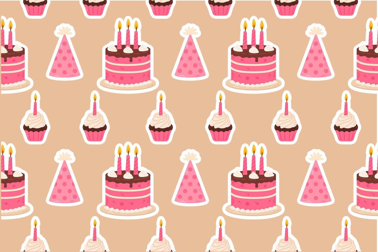 A seamless pattern with pink birthday cakes, party hats, and cupcakes on a beige background. Great for party invitations, digital scrapbooking, and festive decor. vector