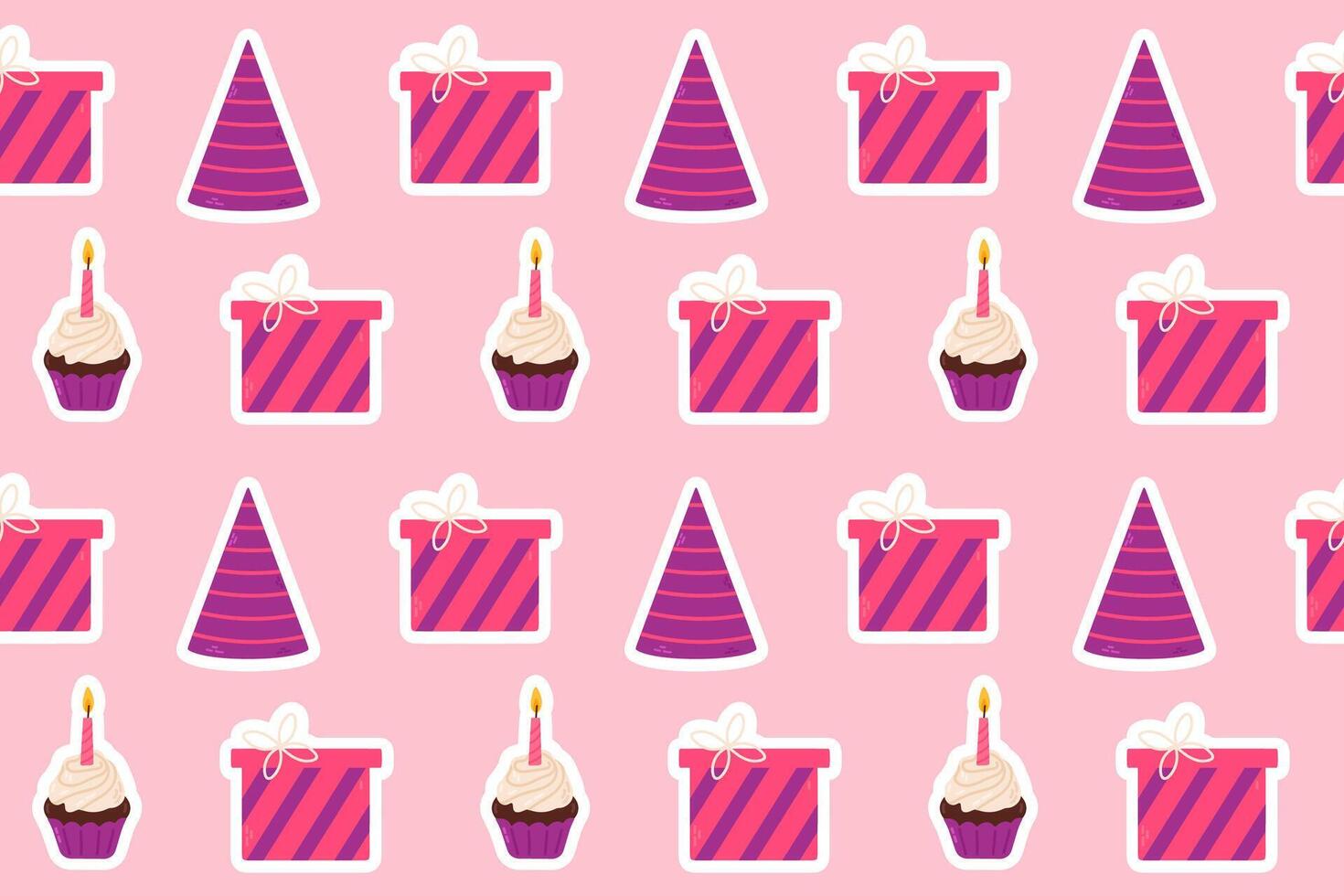 A seamless pattern with birthday cakes, party hats, gifts, and bows on a pink background. Perfect for wrapping paper, festive decor, and digital designs. vector