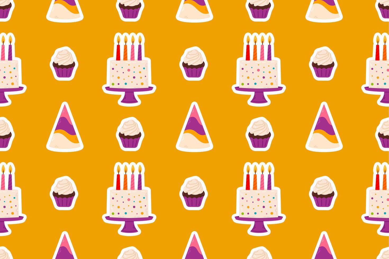 A seamless birthday pattern with cakes, cupcakes, and party hats on a bright yellow background. Great for wrapping paper, kids parties, and festive decorations. vector