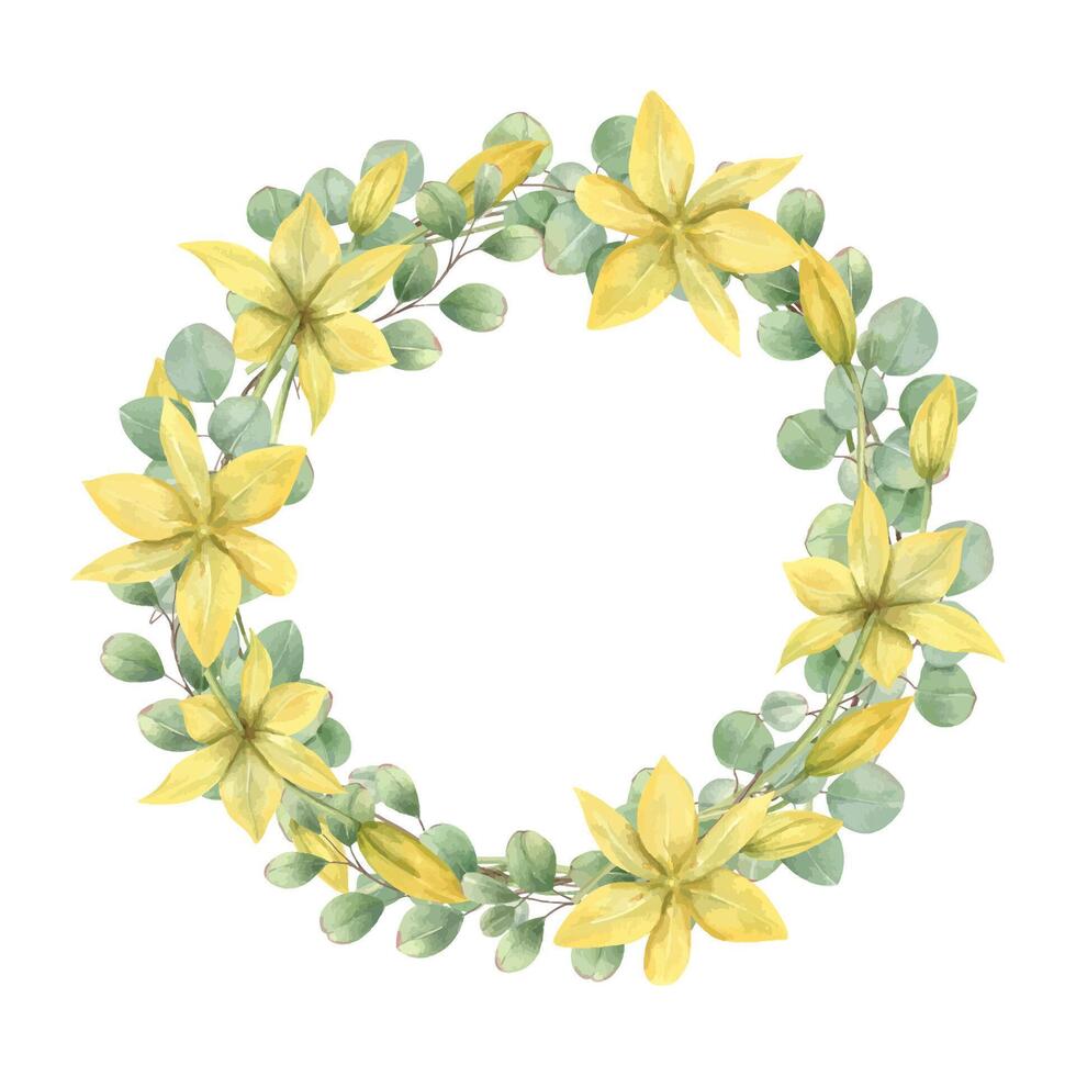 Spring yellow tulip flowers, green eucalyptus leaves watercolor wreath with empty space for text. Wild primroses floral illustration isolated background. Round frame for wedding, greeting card. vector