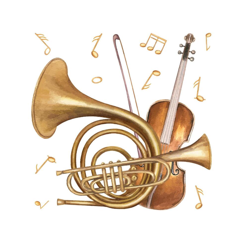 Violin with bow, trumpet, French horn and floating music notes watercolor illustration isolated background. Brass woodwind and string instruments for musical education, poster, greeting card vector