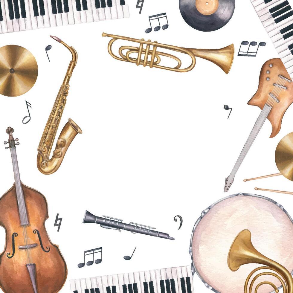 Watercolor musical instruments and floating music notes square border isolated background. Double bass, drum, electric guitar, French horn, vinyl record, clarinet frame with copy space for text vector