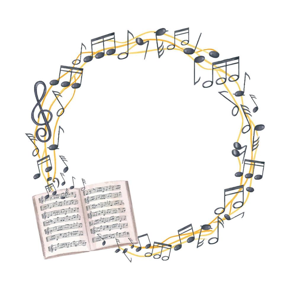 Watercolor black musical notes on yellow stave and open music notebook wreath with copy space for text. Sound symbols on graphic staff and composer book isolated background. For greeting card, label. vector