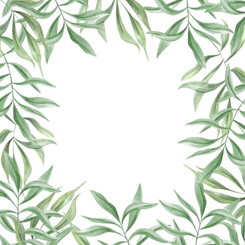 Watercolor square frame with eucalyptus or oleander foliage, featuring empty center space for text or design. Hand painted ivy leaves botanical border for invitation, label, and social media template. vector