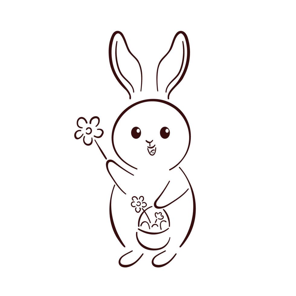 Cute bunny holding a basket with eggs and a flower in paw in line art style. Perfect for Easter greeting card, spring decor, coloring books and festive seasonal design. Isolated on a white background. vector
