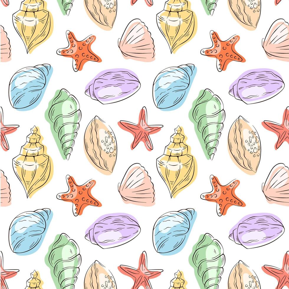 Seamless pattern with colorful flat seashell and starfish in a marine hand drawn theme. Perfect for beach decor, ocean inspired design, textile, wrapping paper and summer theme. vector