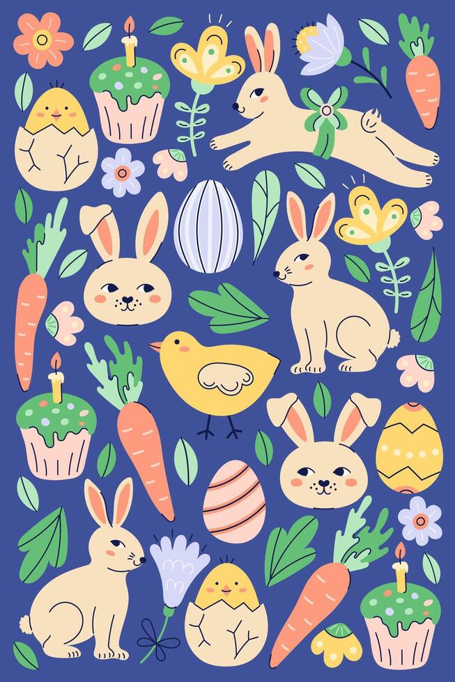 Happy Easter vertical poster with bunny and different elements. Greeting hand drawn card on dark background. Flat illustration with partial outline. Isolated illustration. vector